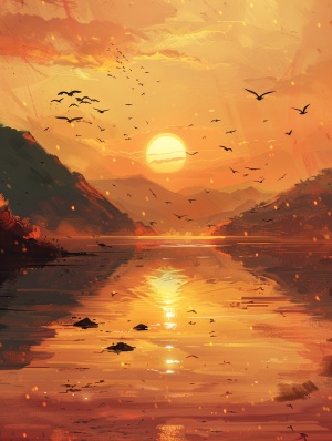 images of sunset over alake withbirds flying above, in the style of james gilleard, soft, dreamy landscapes, realisticscenery, beige and amber, hyper-detailed illustrations, HD ar 3:4 v 6.0