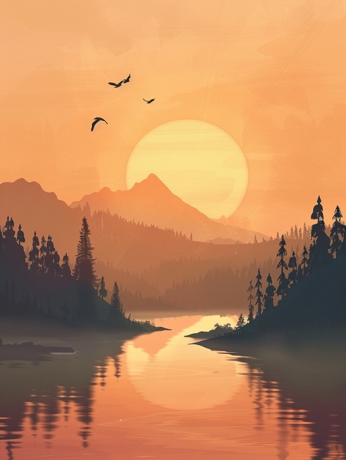 images of sunset over alake withbirds flying above, in the style of james gilleard, soft, dreamy landscapes, realisticscenery, beige and amber, hyper-detailed illustrations, HD ar 3:4 v 6.0