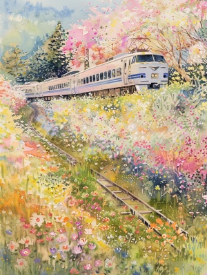 spring day, watercolour digital illustration paintingA white train ran through the flowers., many manymany many colourful flowers, Crystal pink and yellowcolors, Henry Matisse’s lithograph, storybookillustration, cinematic shot ,Aerial view ,ultrafine detail,8K ar 3:4 stylize 750 v 6.0