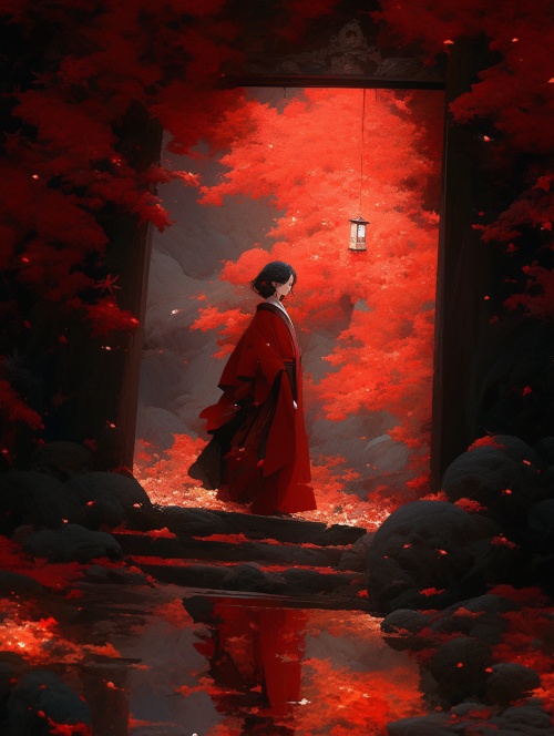 古代日本，年轻女性，红色和服，衣着华贵，长相美艳，夜晚，红叶，溶洞内，站立，全身图，厚涂