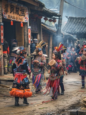 一张捕捉少数民族在清明节举行传统歌舞活动的照片，族人们身着节日盛装，围绕祖先的坟墓跳舞或歌唱，旁边可能有民族特色的祭品和装饰，体现出民族文化的独特魅力和传承