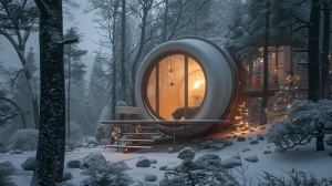冬天，自然美景，森林里，一座洁白月亮木屋，屋内有灯光