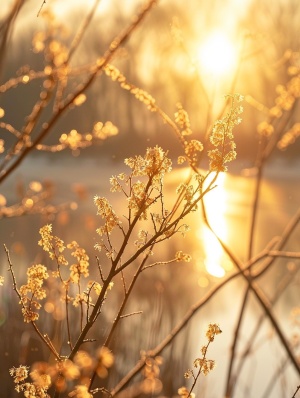 朝阳初升的清晨,池塘边，迎春花，柳枝，喜鹊，黄金分割,广角镜头，高清摄影,底纯色调,柔和照明
