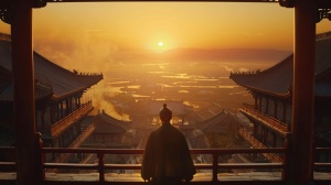 中国古代建筑，燕国宫殿内皇帝忧心忡忡的凝视着远方 夕阳
