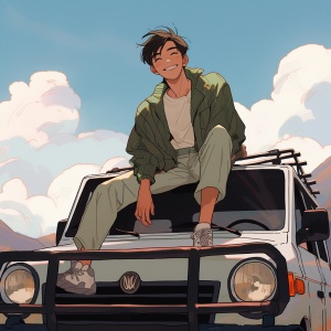 中国黑发帅哥,身穿绿色上衣和白色裤子,坐在一辆SUV的车顶上,幸福地微笑着。背景是山脉、蓝天