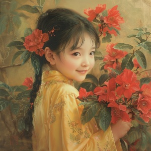 女孩，身穿黄色的汉服，可爱的面容，开心的笑，娃娃脸，手里捧着一大束红色的鲜花带有绿色的叶子，头微微上扬，方向朝着图像的右边，杰作，构图精美