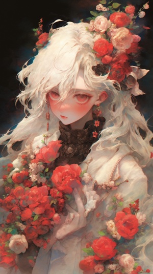 a girl with long white hair and flowers, in the style visual kei of extremely detailed art, gloomy, akihiko yoshida, high resolution, mythical portraiture ar 9:16 v 5 s 1000 v 5