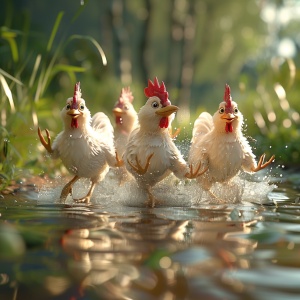 五只鸡在河水里奔跑，河水湍急，丑萌，表情夸张，卡通，动漫。场景以高清3D渲染，重点是温暖的光线和柔和的阴影，这些都增强了鸡毛的蓬松质感。镜头从地面角度稍微向上仰视，以捕捉鸡吸引人的表情，给人一种冒险的感觉。