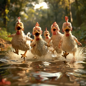 五只鸡在河水里奔跑，河水湍急，丑萌，表情夸张，卡通，动漫。场景以高清3D渲染，重点是温暖的光线和柔和的阴影，这些都增强了鸡毛的蓬松质感。镜头从地面角度稍微向上仰视，以捕捉鸡吸引人的表情，给人一种冒险的感觉。