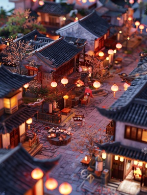 江南小院-景逸关键词：Miniature, Spring Festival town isometric view, super cute clay world, outdoor party, tilt motion, excellent lighting, snowflake, volume landscape, brush rendering, tilt motion, 3D, super detail, 32k中文：微缩，春节小镇等角观，超萌粘土世界，户外派对，倾斜运动，优秀灯光，雪花，体量景观，笔刷渲染，倾斜运动，3D，超细节，32k#灵感设计 #midjourney关键词 #mj教程合集 #ai关键词 #ai #Ai绘画 #我的文具分享 #我的运动日常 #江南水乡 #宫殿 #设计 #mj教程合集 #字体设计 #设计灵感 #江南烟雨 #宋画 #洗澡比咖啡提神 #温馨小窝