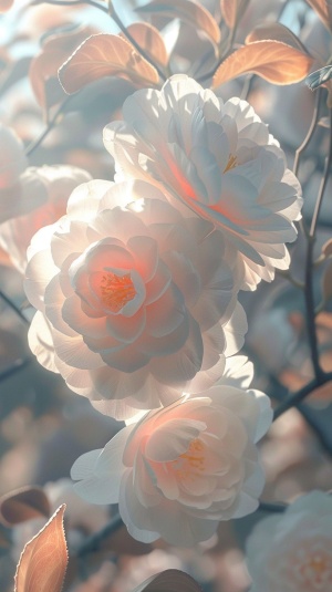 有一大片白色山茶花，阳光洒在上面，花瓣细节清晰，浅粉浅白风格，浪漫，柔和，精致，超高分辨率超高清全景 ，照片逼真，16k，实拍，