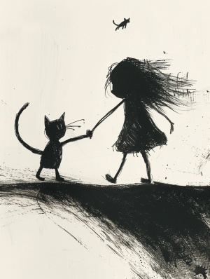 一只小黑猫， a girl，沿着墙行走，夸张的巨大造型，儿童插画，扁平插画，editorial插画平面插画，矢量插图，简笔画风，墨蓝色基调，so cute ，lovely，by ralph steadman，happy，smile ，full body。