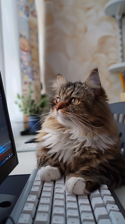 一只可爱的猫，坐在电脑面前加班，周末还在上班，猫猫一脸无奈
