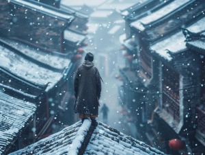 在大雪纷飞的街头，一个侠士站在客栈房顶上，入目处雪花覆盖