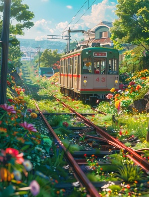 Cartoon metro on the tracks,surrounded by flowers,on top green grass,dreamlike visuals,softsculptures,bright colors,bold shapes,coastal landscapes,capturing moments,hayao miyazaki style,ar3:4niji6