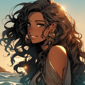 在晴空下，芳草葱郁的水边，一个笑容明媚的黑褐色卷发少女半仰着头向着阳光，她的耳朵上戴着珍珠耳环