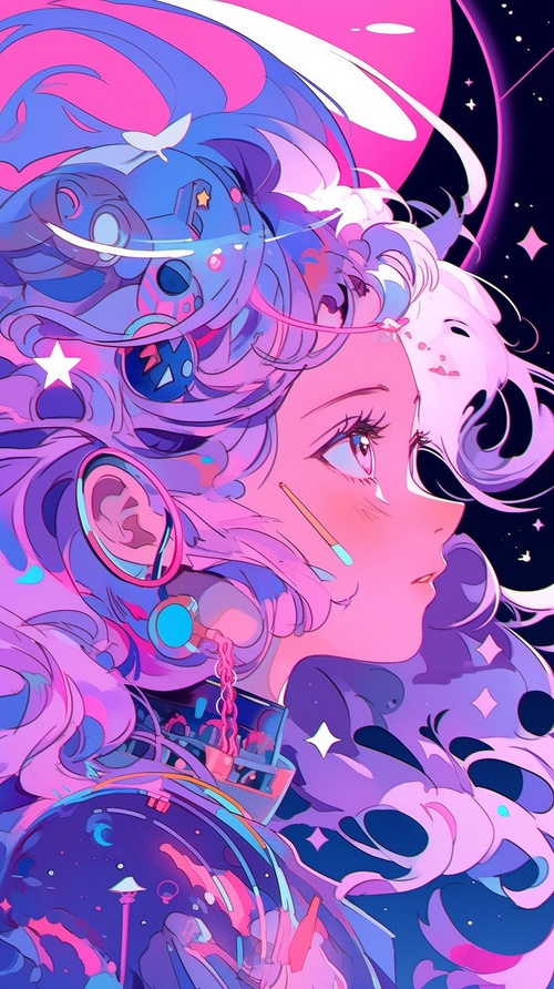 Bring the excitement of the future to life with a stunning digital art piece featuring a manga-style space girl. Draw inspiration from the iconic work of Naoko Takeuchi to infuse the piece with dynamic energy and style. Use bright, vibrant colors with pops of neon to create a sense of otherworldly magic, and incorporate shades of pink, purple, and blue with accents of neon green and yellow to make the piece truly pop. Render the girl in a fisheye lens to emphasize her dynamic form and bring the viewer right