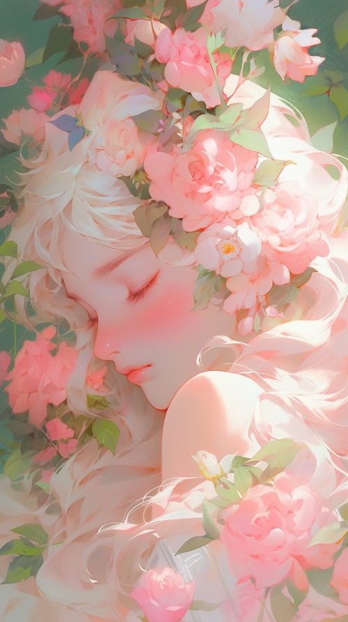 thick acrylic painting on pixiv, anime girl, flower god, bright daylight, flowers, petals, plants, vines, divine light, silhouette portrait, side face, tarot card, pink green, intricate details with pink edges ar 3:4 v 5.1