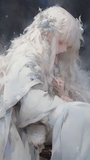 thick acrylic illustration on pixiv，oil paintings，by Kawacy，by john singer sargent，Masterpiece, snowy，sitting in Ice and snow throne，long white hair，European look, baby blue eyes, silver thorns jewelry，famale, delicate face, indifferent expression ，western style, single person, rich details, highest quality, super detailed, Extremely exquisite, the latest pixiv illustrations, delicate decorations, energetic poses, dynamic angles, gorgeous light and shadow ar 3:4