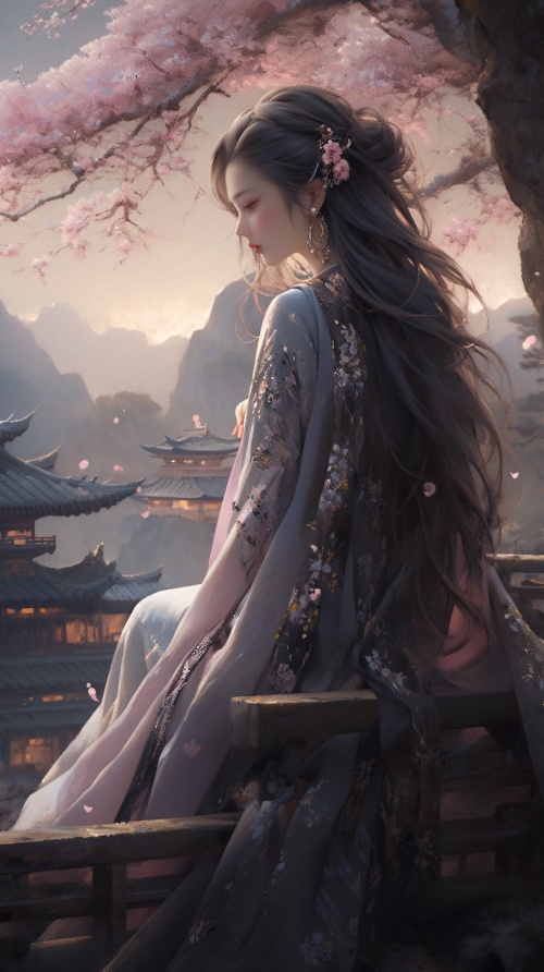 本·坦普勒史密斯风格的插图：1.3黄昏时分，在一座坐落在群山中的日本城堡里，一位迷人美丽的公主凝视着一个宁静的花园，花园里种满了樱花树。轻柔的微风吹拂着花瓣，搅动着她飘逸的长发，为这一场景增添了梦幻般的质感。杰作皮克西夫。最高质量的艺术品。高分辨率。高度详细。4k之间。8公里。16k之间。超高频