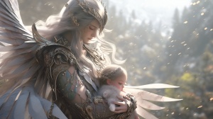 Full Body Portrait of a Winged Faerie Queen, She carries a human baby wrapped in magical runic clothes against her chest, on her head is an adorned and jeweled, Black Crown, has long silver white hair, golden eyes, pale white skin, wears light arcanic elvish armor: Hyper-Realistic Fantasy Landscape, 4D Cinema Rendered, Unreal Engine 5, IMAX Cinematics, Shot on 50mm (Fujinon 4K 8.4-900mm) Shutter Speed 11000, F22, Wide Depth of Field, Hyper-Detailed, Beautifully Color-Coded, Professionally Color Graded, Supe
