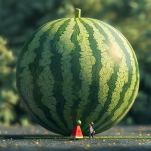 Macro photography, a large watermelon standing with a mini figure, watermelon, soft focus, natural light, minimalism, cartoon, happy, figure is two-dimensional, 8K, HD, OC render, C4D ar 4:3v6