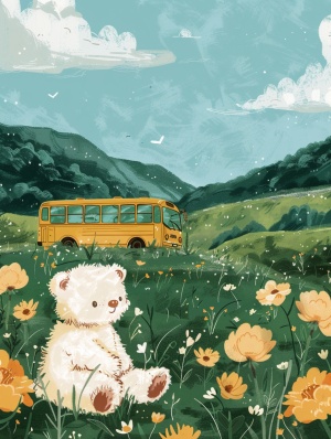 Spring is full of vitality, There is a bus on the grassland, simple and fresh, There is a white teddy bear sitting on the grass, cute illustration, illustrated in whimsical style, simple and clean illustration, hand drawn illustration, cute artwork, illustration!, illustrations, by Lynda Barry, simple details, minimalist ar 3:4 niji 6 s 0 no people