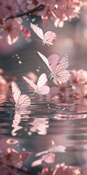蝴蝶和水的照片，在stylof浅银色和浅粉色，动漫美学。有趣复杂，透明的水质，华丽的颜色32k