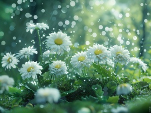 最佳质量，高分辨率，完美照明，（极精细CG:1.2）,32K。（绿色植物艺术形式，独奏：1.5），很多白色菊花，梦幻，草地，森林，春天，盛开的花朵，苔藓微景观，绿色，简单，干净的光背景，细雨绵绵，雨水滴在花上，溅起水滴，晶莹剔透，光跟踪，自然光，C4D,OC渲染，（杰作：1.5）