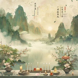 A poster for the Qingming Festival, created in the traditional ink painting style, artfully incorporates the serene beauty of the early morning with its verdant mountains, clear waters, and gentle mist. At the center of the composition stands an altar adorned with flowers, candlesticks, and incense, while a family member dressed in plain attire silently pays their respects. The altar is adorned with items such as paper money and paper fans, and the surroundings are embellished with traditional plants like w