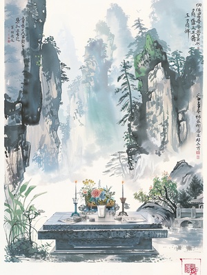 清明节☑️咒语：A poster for the Qingming Festival, created in the traditional ink painting style, artfully incorporates the serene beauty of the early morning with its verdant mountains, clear waters, and gentle mist. At the center of the composition stands an altar adorned with flowers, candlesticks, and incense, while a family member dressed in plain attire silently pays their respects. The altar is adorned with items such as paper money and paper fans, and the surroundings are embellished with traditional plant