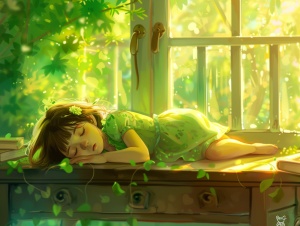 一个小女孩趴在窗边的书桌上睡着了，小女孩穿着绿色的连衣裙，看起来十分可爱。她身旁是一扇窗户，透过窗户可以看到外面的阳光和绿色的树木