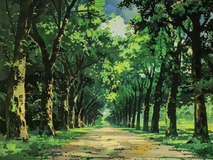 绿树成荫的绿色道路的图像，以舒缓的风景风格，32k uhd，徐悲鸿，caras ionut，传统的，高度抛光的表面，江户川兰波