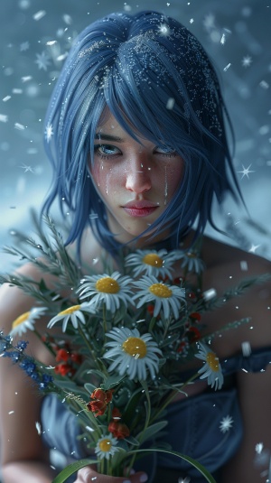 Blue hair girl holding, a bunch of flowers, flowers to be very gorgeous, the background is snowflakes flying, complex details, extreme details, high quality, master works, high degree of completion, colorful, exquisite CG, beautiful, best, chiaroscuro, clear facial features