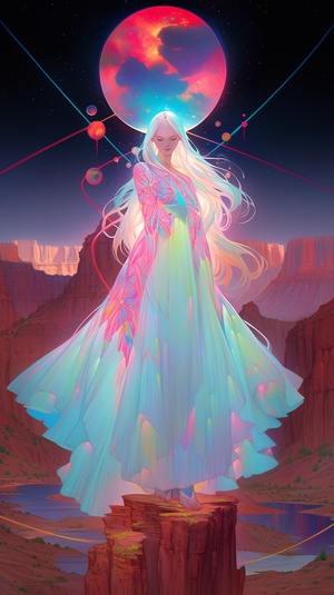 the planet Pluto rotating around an ethereal space goddess standing in a Sedona mountain valley, translucent liquid ribbons swirling around, dramatic lighting, pastel neon colors, dreamy aesthetic, pop surrealism, science fiction painting, shoujo comic manga, neon glow, Martine Johanna, Sarah Joncas, Alphonse Mucha, Natalia Dias, aurora borealis ar 9:16 v 5