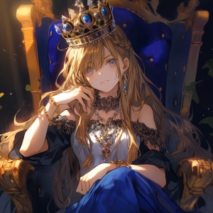 一位美丽的王后，金黄色长发，高贵的发型，闪闪发光的金皇冠，深蓝色长裙，漂亮的蓝眼睛。她优雅地坐在宝座上，温柔地笑着。