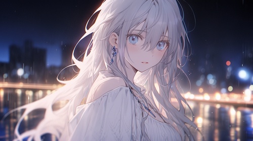 A girl with gray hair, dark blue eyes, white knee-length skirt, messy hair, bangs, long hair, necklace, dress, aloof, pure white skin, city background, perfect lighting, oval face, white moonlight, frontal shot，Roof background，Tears, open your mouth