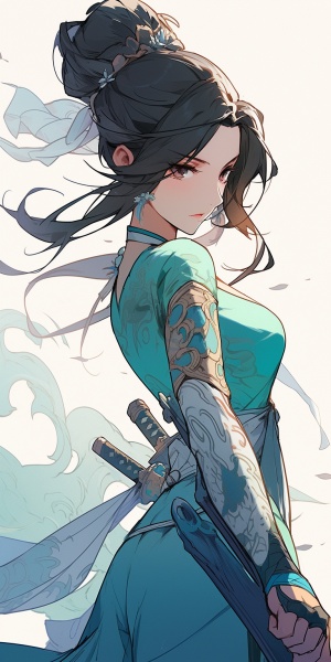 江湖 回眸 侧面 背景留白多 古风 侠客 女人物背着剑在右边 青色蓝色 武侠