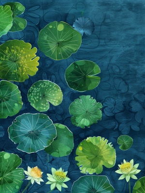 《莲花》咒语：A painting of water lilies and lotus leaves floating on the surface, with vibrant green colors against an indigo blue background. The scene is captured from above, showcasing the lushness of nature in full bloom. This artwork conveys tranquility through the interplay between light and shadow #Ai绘画 #AICG插画 #midjourney学习 #midjourney咒语 #莲花 #插画 #手机壁纸 #midjourney咒语 #ai关键词 ai