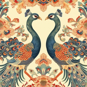 🖌️关键咒语：A silk pattern,patterns from China's Tang Dynasty, a pair of peacocks with silk patterns in their beaks, Tang Tri-colored, digital illustration.📖中文参考：一种丝绸纹样，中国唐代纹样，一对孔雀口衔绸带纹样，唐三彩配色，数码插图。#midjourney#midjourney关键词 #Ai绘画 #AI绘画有点东西 #春晚 #龙年 #孔雀