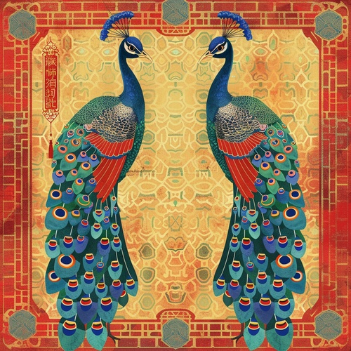 🖌️关键咒语：A silk pattern,patterns from China's Tang Dynasty, a pair of peacocks with silk patterns in their beaks, Tang Tri-colored, digital illustration.📖中文参考：一种丝绸纹样，中国唐代纹样，一对孔雀口衔绸带纹样，唐三彩配色，数码插图。#midjourney#midjourney关键词 #Ai绘画 #AI绘画有点东西 #春晚 #龙年 #孔雀