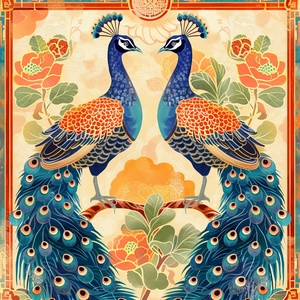 🖌️关键咒语：A silk pattern,patterns from China's Tang Dynasty, a pair of peacocks with silk patterns in their beaks, Tang Tri-colored, digital illustration.📖中文参考：一种丝绸纹样，中国唐代纹样，一对孔雀口衔绸带纹样，唐三彩配色，数码插图。#midjourney#midjourney关键词 #Ai绘画 #AI绘画有点东西 #春晚 #龙年 #孔雀