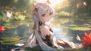 A girl with silver hair, wearing black and white , sitting on the bank of an ancient pond surrounded by flowers in full bloom. She has delicate features and is dressed in the style of Genshin Impact. Anime style, with the highest quality illustrations, delicate lines, fine details, cute cartoon character design, soft colors, soft lighting, watercolor effects, and high resolution. The background is covered with blooming cherry blossoms, creating a dreamy atmosphere. High angle perspective. 32k