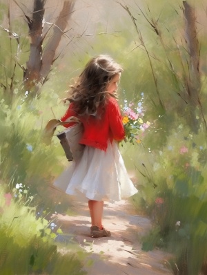 一个可爱活泼的小女孩，脸被春风吹的红红的，脸上露出天真快乐的笑容，长长的头发随风飘扬，她背着书包走在山间的小路上，小路两边长满了五颜六色的花朵，春的气息迎面而来。