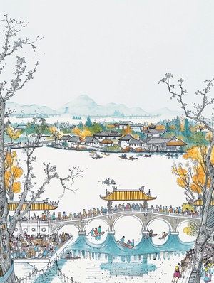 This is a minimalist line drawing Chinese painting with a black on white background outlining the landscape of Slim West Lake in Yangzhou, China. The small bridge and flowing water of West Lake in Hangzhou, China is surrounded by stone arch bridges with yellow tiles on the roof. The pavilions below display colorful banners and crowds coming to watch Spring Festival dragondances. In front of them stands an ancient Chinese style building. It's sunny outside and there’s blue sky above.This painting by Keit