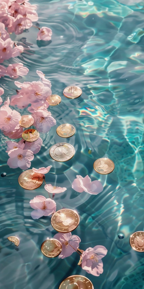 水中漂浮的金币，光粉红色和浅海蓝宝石，y2k美学，空灵的细节，快照美学，梦幻般的自然，浅白色，柔和的焦点v6