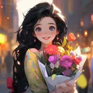 皮克斯和迪士尼的电影风格，中国风超美的女孩，造型简单，穿着简单的短裙，黑色长发，明亮的眼睛，开心的笑容，抱一束花，背景是城市，景深，腰部特写，8K