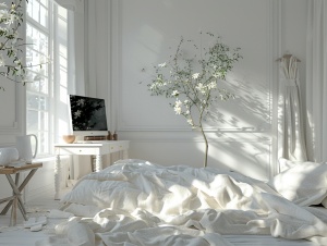 别墅卧室，白色墙壁，地上铺着白色毯子，方形窗户，窗外是玉兰树，白色喷漆木制书桌，电脑，高级感，画面干净 广角拍摄，超真实，8k