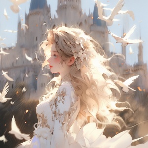 逃跑公主，城堡背景，羽毛白色长裙，凌乱卷发发型，造型别致，仙气飘飘