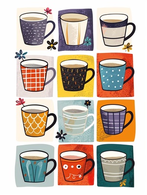 Scandinavian-inspired colorful illustrations of adorable coffee cups arranged on patchwork squares,playful,whimsical,brightly colored,and on a white background,making them perfect for kindergarten art,children's book illustrations,and scrapbooking.The artwork includes a variety of shsdes of orange,gray,blue,red,yellow,pink,black,brown,and purple,creating an upbeat,cheerful,and friendly atmosphere that will bring joy to your world!Featuring the style of Keith Haring.